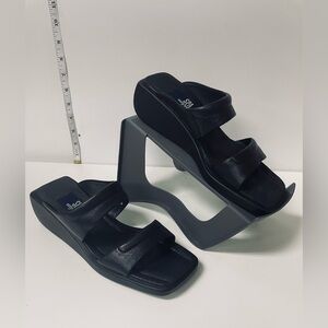 Women's Comfort Slide Sandals, Double Strap, Black Leather, Platform Sole Size 8